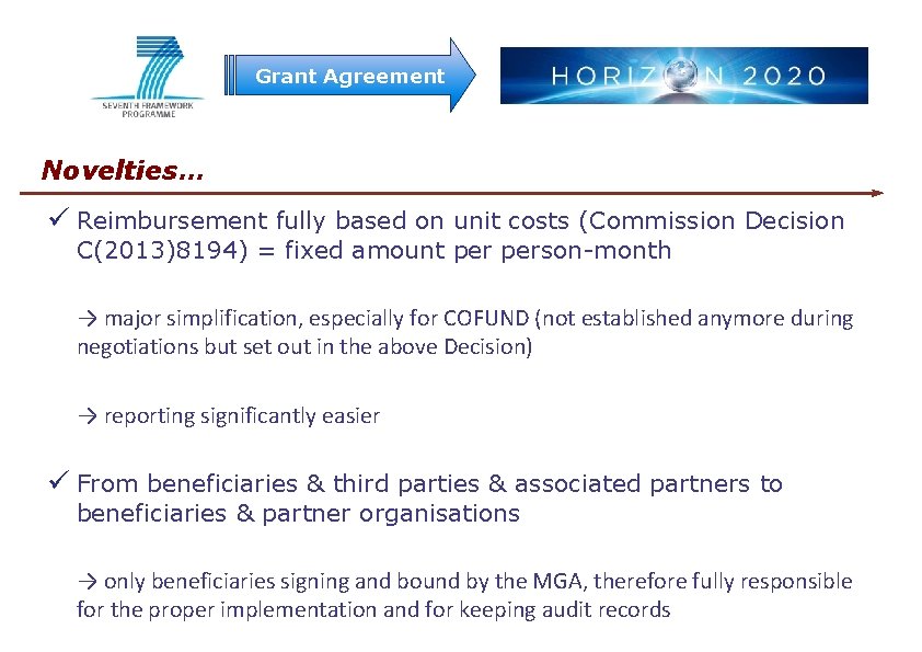 Grant Agreement Novelties… ü Reimbursement fully based on unit costs (Commission Decision C(2013)8194) = Grant Agreement Novelties… ü Reimbursement fully based on unit costs (Commission Decision C(2013)8194) =