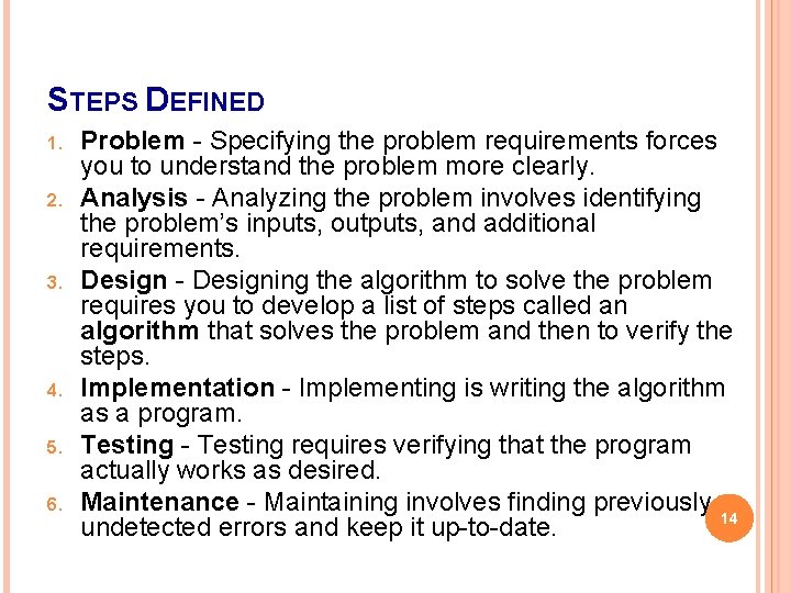 STEPS DEFINED 1. 2. 3. 4. 5. 6. Problem - Specifying the problem requirements STEPS DEFINED 1. 2. 3. 4. 5. 6. Problem - Specifying the problem requirements