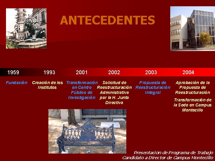 ANTECEDENTES 1959 Fundación 1993 2001 2002 2003 2004 Creación de los Transformación Solicitud de