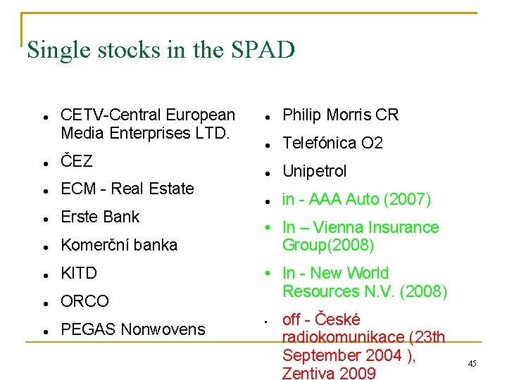 Single stocks in the SPAD CETV-Central European Media Enterprises LTD. ČEZ ECM - Real