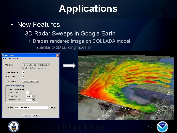 Applications • New Features: – 3 D Radar Sweeps in Google Earth • Drapes