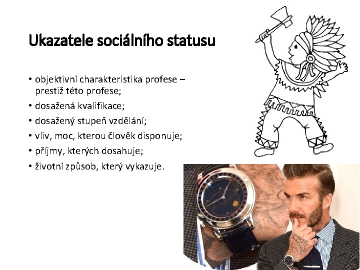 Ukazatele sociálního statusu • objektivní charakteristika profese – prestiž této profese; • dosažená kvalifikace;