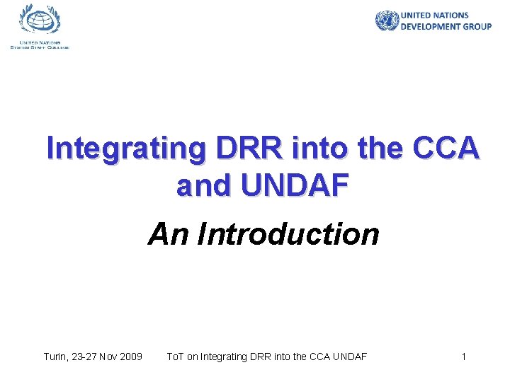 Integrating DRR into the CCA and UNDAF An Introduction Turin, 23 -27 Nov 2009