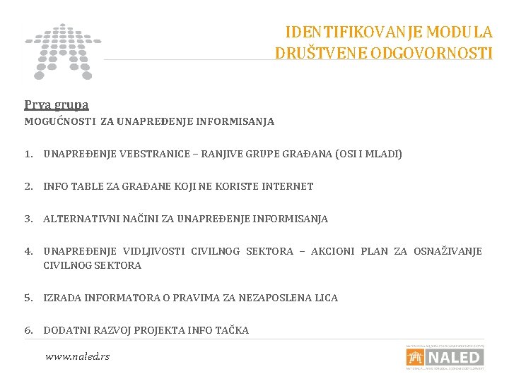 IDENTIFIKOVANJE MODULA DRUŠTVENE ODGOVORNOSTI Prva grupa MOGUĆNOSTI ZA UNAPREĐENJE INFORMISANJA 1. UNAPREĐENJE VEBSTRANICE –