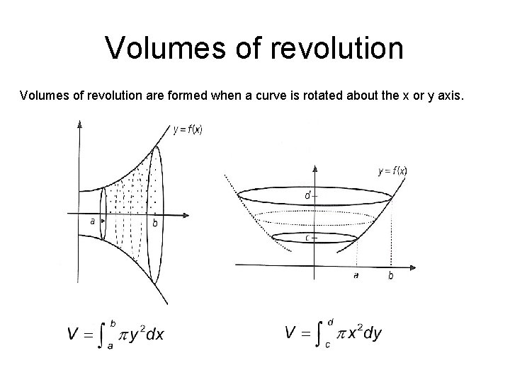 Volumes of revolution are formed when a curve is rotated about the x or