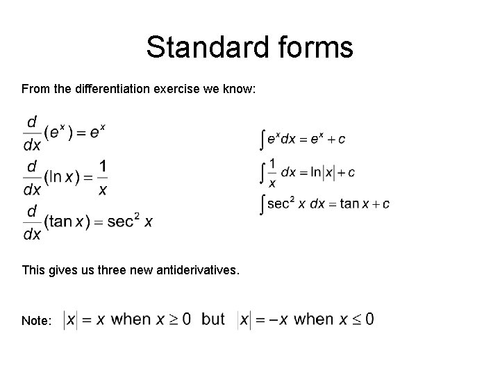 Standard forms From the differentiation exercise we know: This gives us three new antiderivatives.