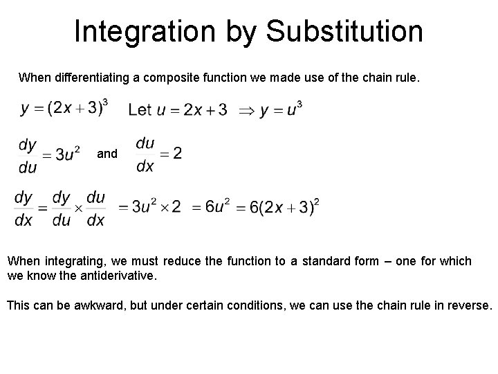 Integration by Substitution When differentiating a composite function we made use of the chain