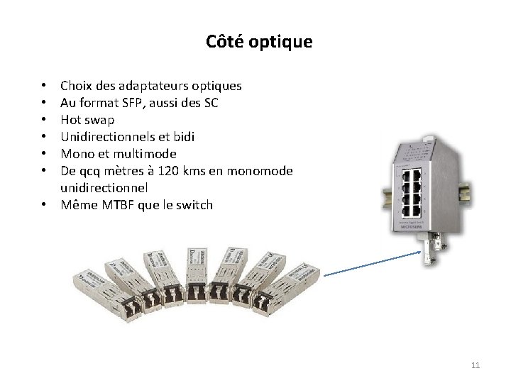 Côté optique Choix des adaptateurs optiques Au format SFP, aussi des SC Hot swap