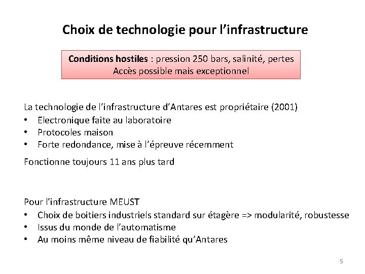 Choix de technologie pour l’infrastructure Conditions hostiles : pression 250 bars, salinité, pertes Accès