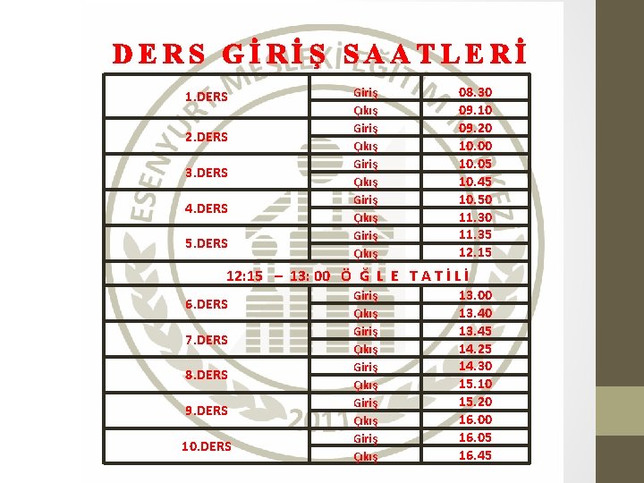 DERS GİRİŞ SAATLERİ 1. DERS 2. DERS 3. DERS 4. DERS 5. DERS Giriş