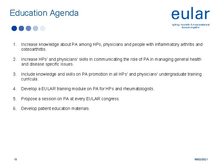 Education Agenda 1. Increase knowledge about PA among HPs, physicians and people with inflammatory