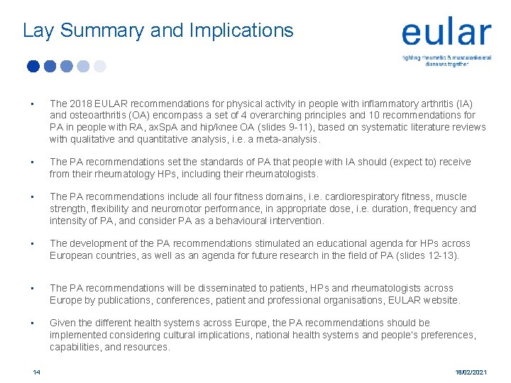 Lay Summary and Implications • The 2018 EULAR recommendations for physical activity in people