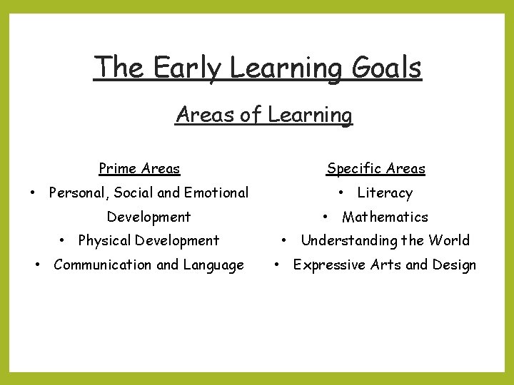 The Early Learning Goals Areas of Learning Prime Areas • Specific Areas Personal, Social