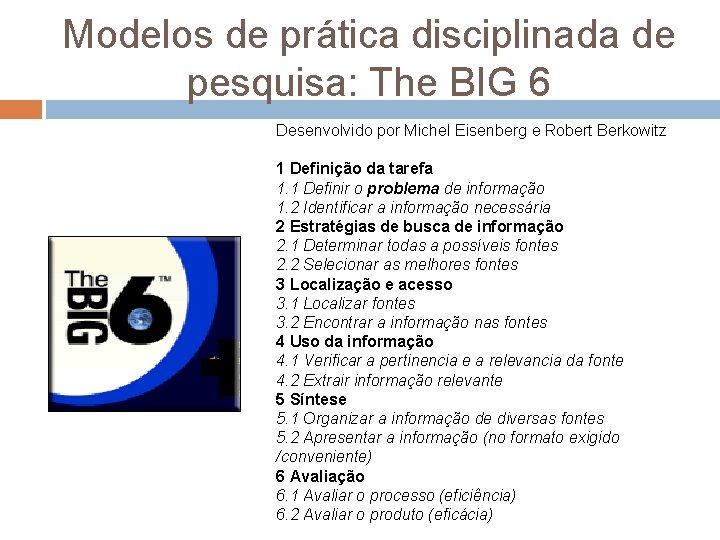 Modelos de prática disciplinada de pesquisa: The BIG 6 Desenvolvido por Michel Eisenberg e