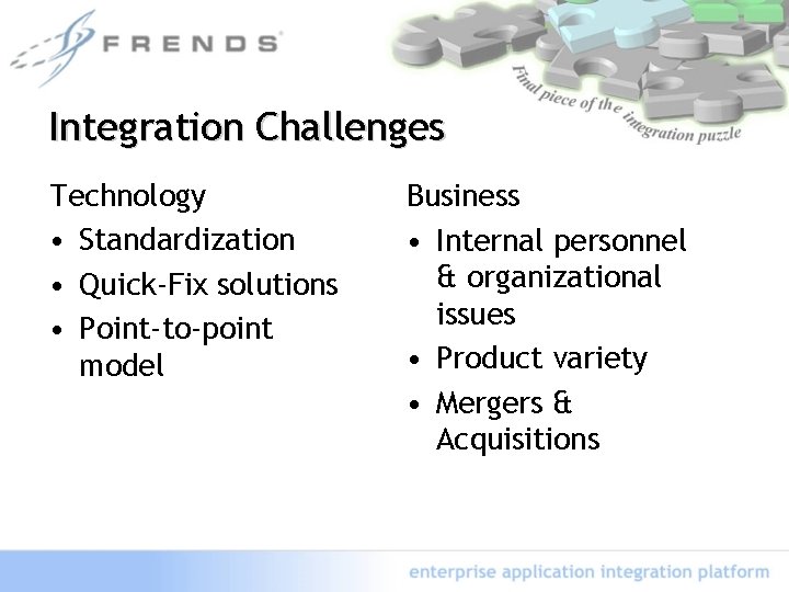 Integration Challenges Technology • Standardization • Quick-Fix solutions • Point-to-point model Business • Internal