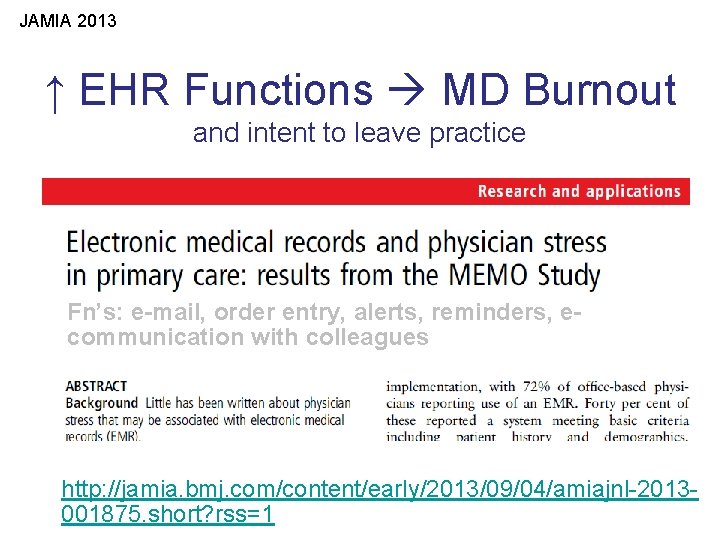 JAMIA 2013 ↑ EHR Functions MD Burnout and intent to leave practice Fn’s: e-mail,