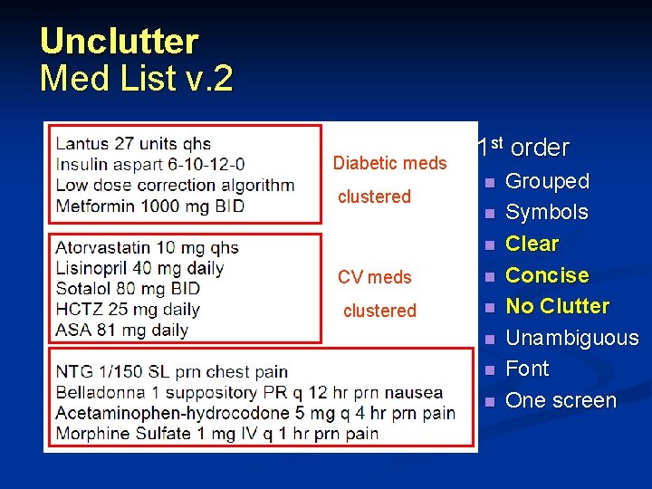 Unclutter Med List v. 2 Diabetic meds clustered n 1 st order n n