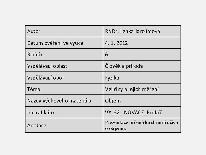 Autor RNDr. Lenka Jarolímová Datum ověření ve výuce 4. 1. 2012 Ročník 6. Vzdělávací