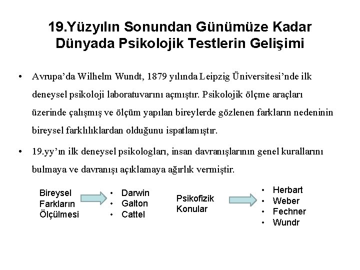 19. Yüzyılın Sonundan Günümüze Kadar Dünyada Psikolojik Testlerin Gelişimi • Avrupa’da Wilhelm Wundt, 1879