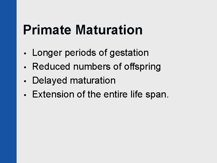 Primate Maturation • • Longer periods of gestation Reduced numbers of offspring Delayed maturation