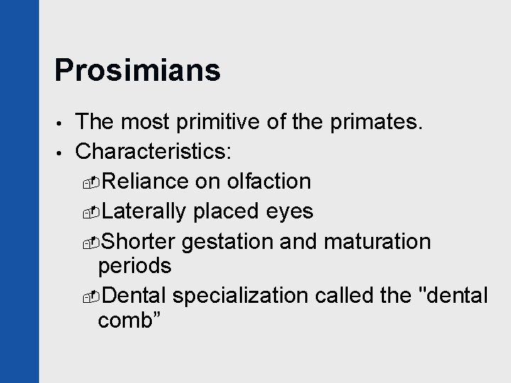 Prosimians • • The most primitive of the primates. Characteristics: -Reliance on olfaction -Laterally