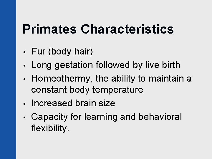 Primates Characteristics • • • Fur (body hair) Long gestation followed by live birth