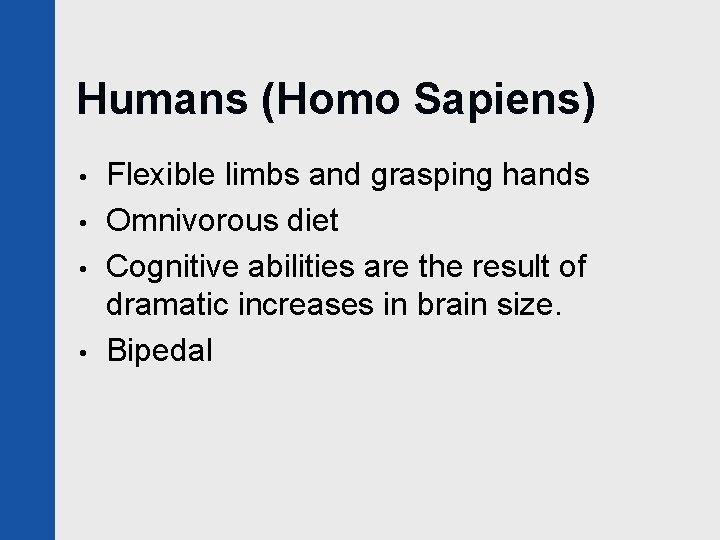 Humans (Homo Sapiens) • • Flexible limbs and grasping hands Omnivorous diet Cognitive abilities