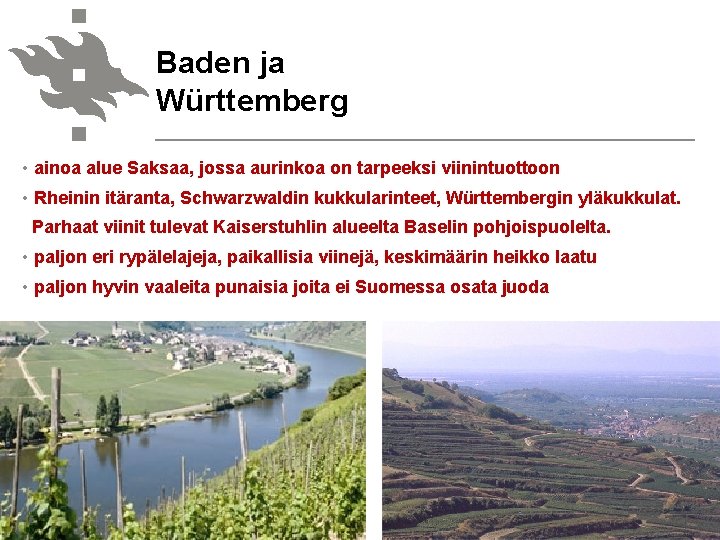 Baden ja Württemberg • ainoa alue Saksaa, jossa aurinkoa on tarpeeksi viinintuottoon • Rheinin