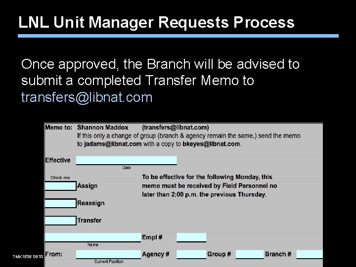 LNL Unit Manager Requests Process Once approved, the Branch will be advised to submit