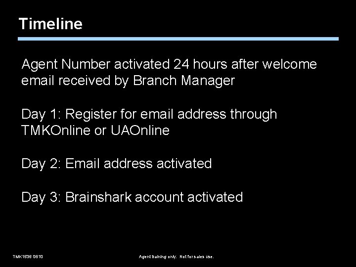 Timeline Agent Number activated 24 hours after welcome email received by Branch Manager Day