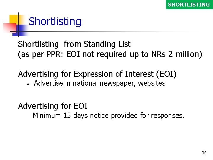 SHORTLISTING Shortlisting from Standing List (as per PPR: EOI not required up to NRs
