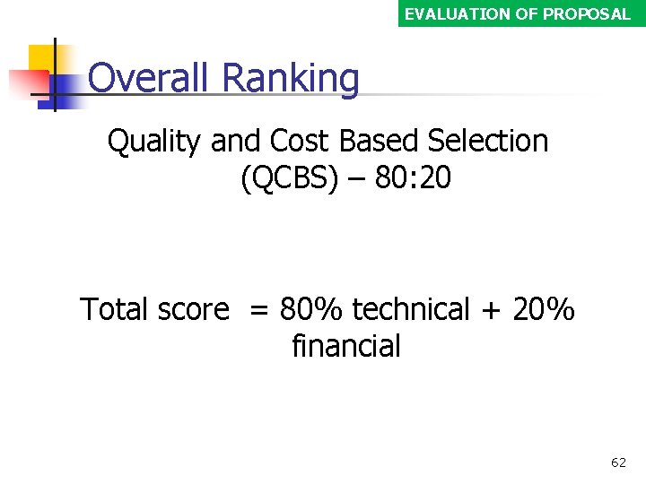 EVALUATION OF PROPOSAL Overall Ranking Quality and Cost Based Selection (QCBS) – 80: 20