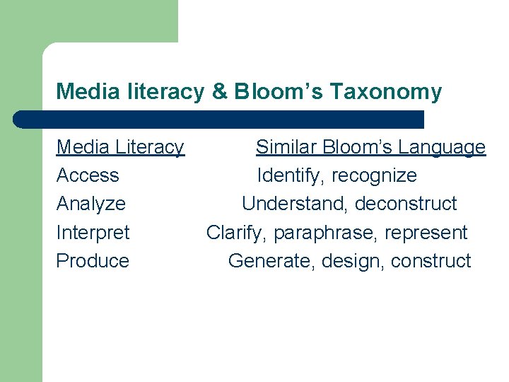 Media literacy & Bloom’s Taxonomy Media Literacy Similar Bloom’s Language Access Identify, recognize Analyze