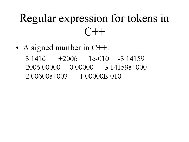 Regular expression for tokens in C++ • A signed number in C++: 3. 1416