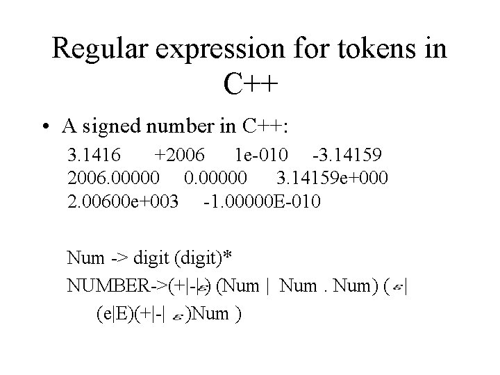 Regular expression for tokens in C++ • A signed number in C++: 3. 1416