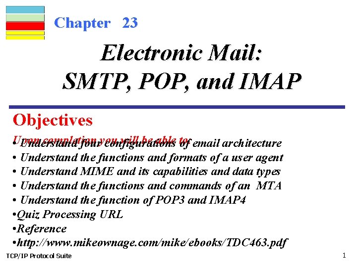 Chapter 23 Electronic Mail: SMTP, POP, and IMAP Objectives Upon completion will be able