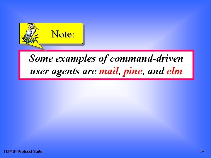 Note: Some examples of command-driven user agents are mail, pine, and elm TCP/IP Protocol