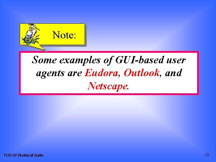 Note: Some examples of GUI-based user agents are Eudora, Outlook, and Netscape. TCP/IP Protocol