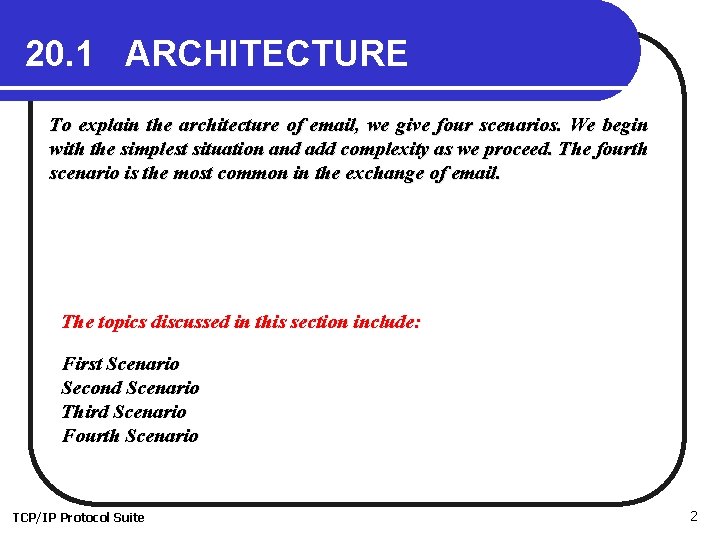 20. 1 ARCHITECTURE To explain the architecture of email, we give four scenarios. We