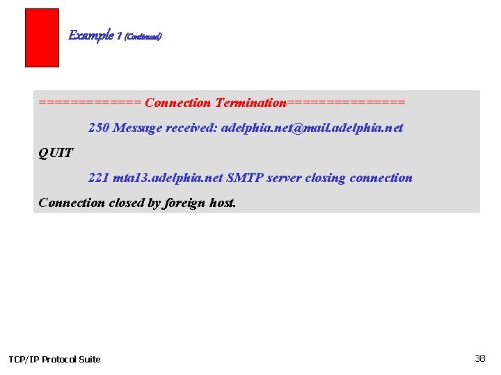 Example 1 (Continued) ======= Connection Termination======== 250 Message received: adelphia. net@mail. adelphia. net QUIT
