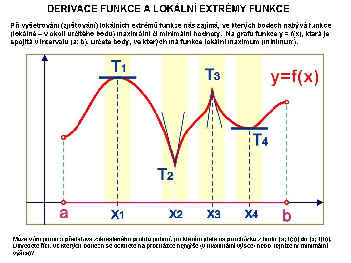 DERIVACE FUNKCE A LOKÁLNÍ EXTRÉMY FUNKCE Při vyšetřování (zjišťování) lokálních extrémů funkce nás zajímá,