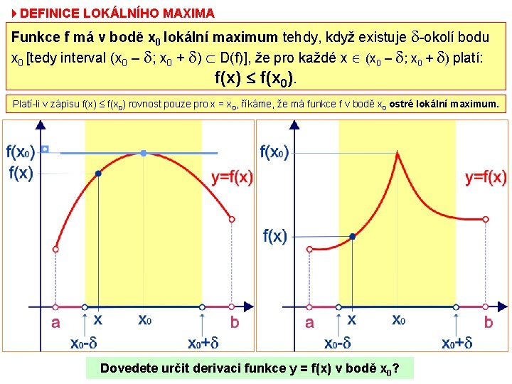 4 DEFINICE LOKÁLNÍHO MAXIMA Funkce f má v bodě x 0 lokální maximum tehdy,