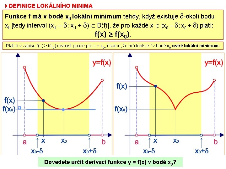 4 DEFINICE LOKÁLNÍHO MINIMA Funkce f má v bodě x 0 lokální minimum tehdy,