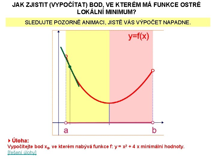JAK ZJISTIT (VYPOČÍTAT) BOD, VE KTERÉM MÁ FUNKCE OSTRÉ LOKÁLNÍ MINIMUM? SLEDUJTE POZORNĚ ANIMACI,