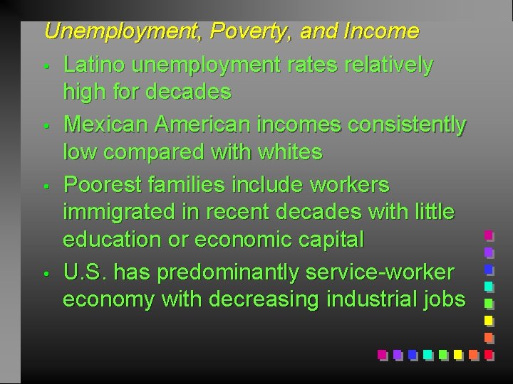 Unemployment, Poverty, and Income • Latino unemployment rates relatively high for decades • Mexican