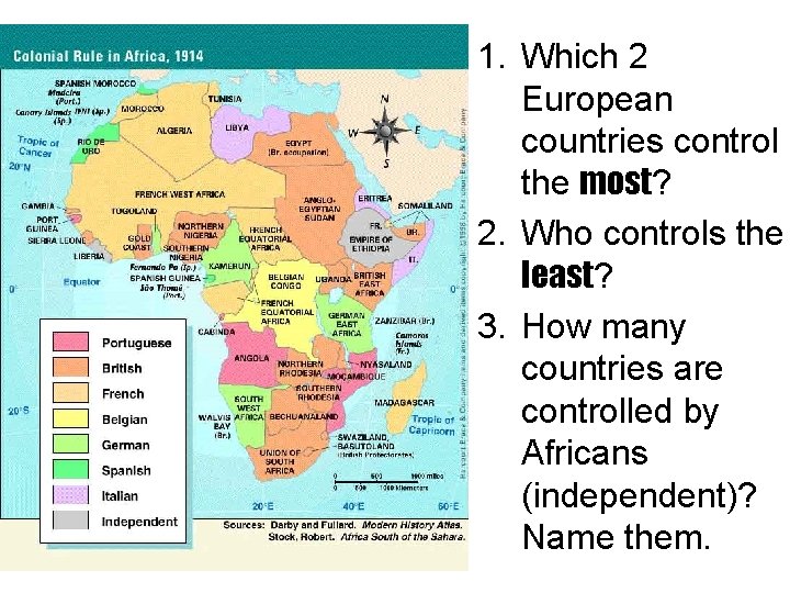 1. Which 2 European countries control the most? 2. Who controls the least? 3.