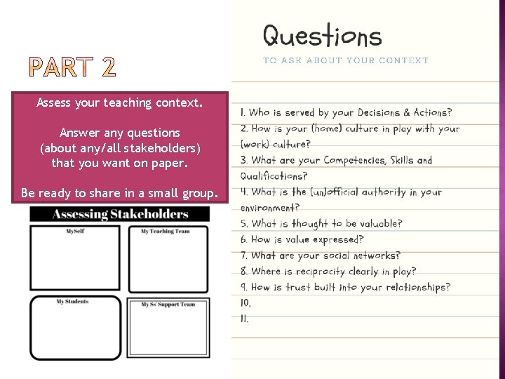 Assess your teaching context. Answer any questions (about any/all stakeholders) that you want on