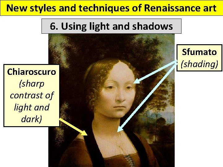 New styles and techniques of Renaissance art 6. Using light and shadows Chiaroscuro (sharp