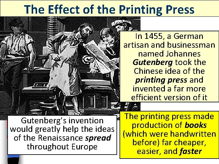 The Effect of the Printing Press In 1455, a German artisan and businessman named