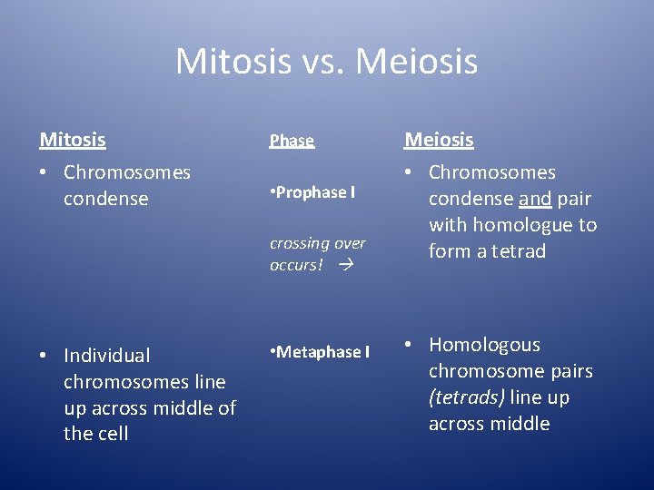 Mitosis vs. Meiosis Mitosis • Chromosomes condense Phase • Prophase I crossing over occurs!